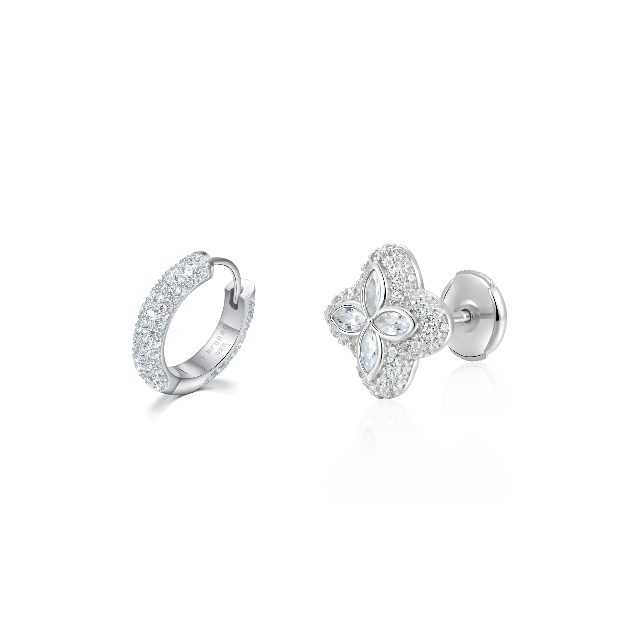 S925 Paved Hoop & Clover Stud Earring Set