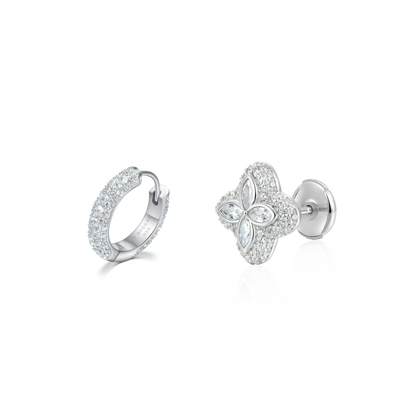 S925 Paved Hoop & Clover Stud Earring Set