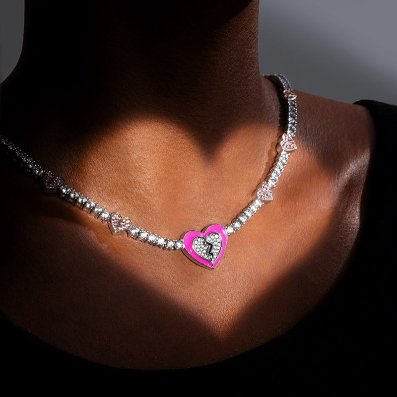 Pink Broken Heart Tennis Necklace - 3mm - APORRO