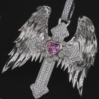Moissanite Guardian Wings Cross Pendant - Large