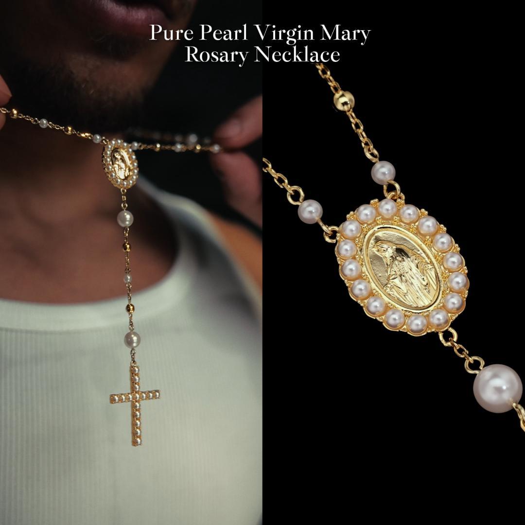 ネックレス MASU PEARL TAPE ROSARY NECKLACE Pure Pearl Virgin Mary Rosary Necklace 6mm 22in 14K Gold Plated