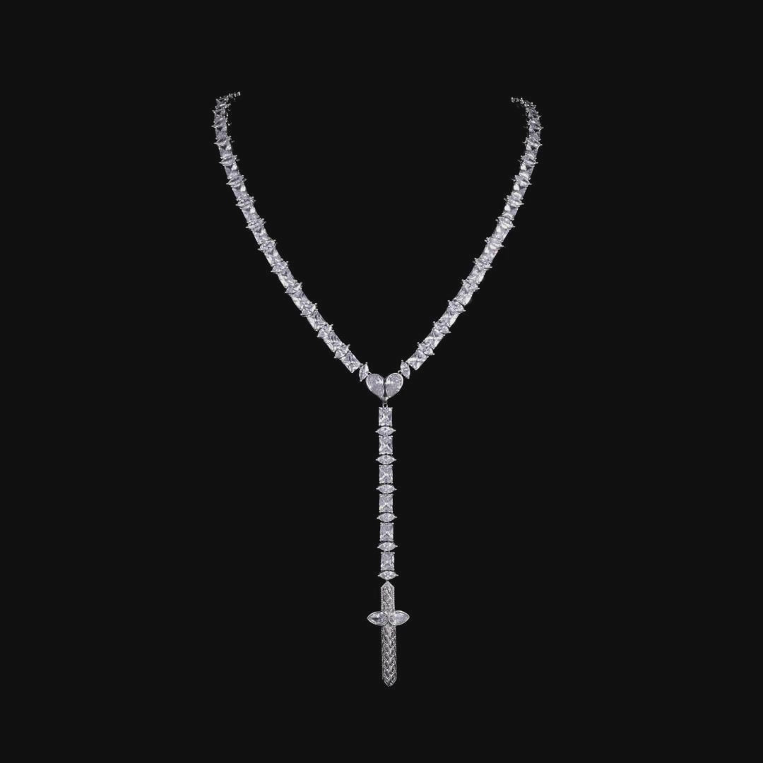 Heart & Blade Rosary Necklace 8mm 24in 14K Gold Plated Moissanite