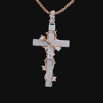 Pave Set Thorned Cross Pendant & Chain Trinity Set