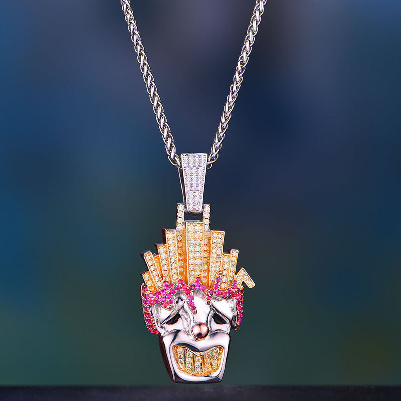 White Gold Iced Out Funny Fries Clown Pendant - Hip Hop Jewelry - APORRO