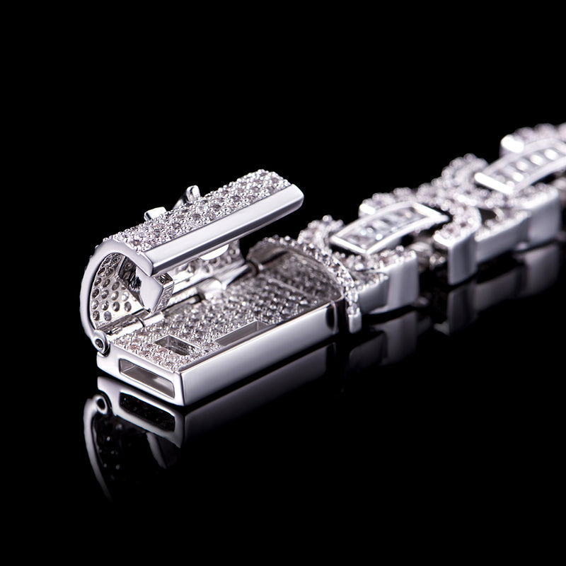 12mm White Gold Iced Box Clasp Byzantine Bracelet - APORRO