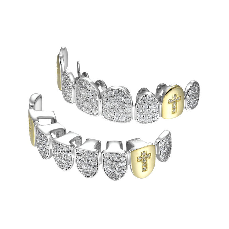 Pre-made-Yellow White Irregular Shape Diamond Cross Grillz - APORRO