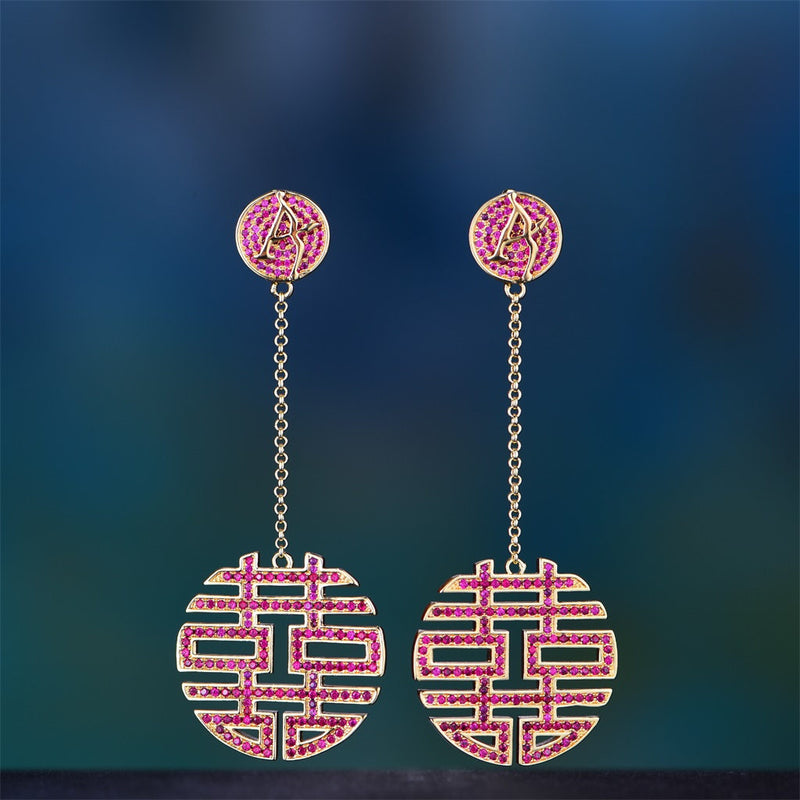 14K Gold Iced Out Double Happiness Earrings - Hip Hop Jewelry - APORRO