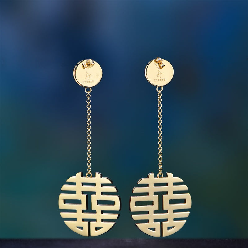 14K Gold Iced Out Double Happiness Earrings - Hip Hop Jewelry - APORRO