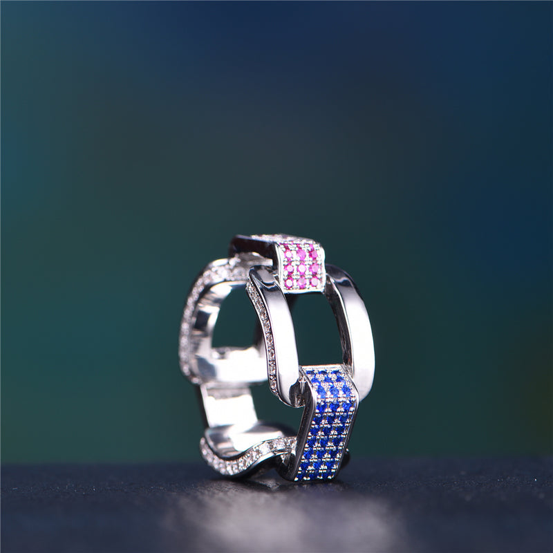 White Gold Iced Out Hermes Link Ring With Blue Stones - Men's Rings - Aporrobrand - APORRO