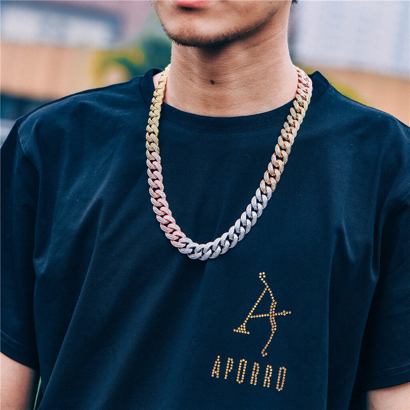 15mm New Tri-Colored Iced Out Cuban Link Chain - Hip Hop Jewelry - APORRO