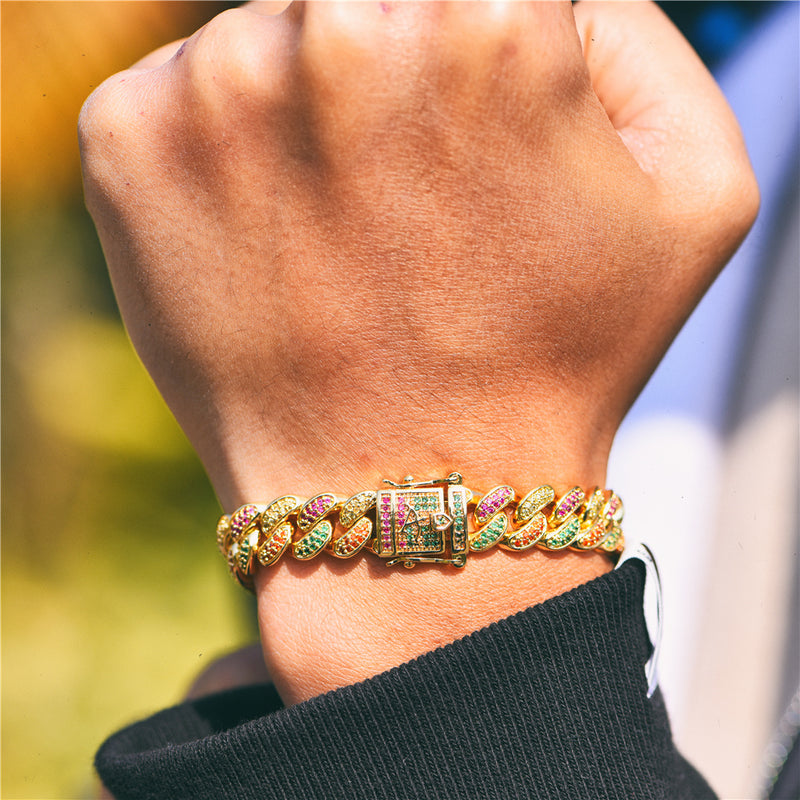 10mm Multi-Colored Iced Out Cuban Link Bracelet with Green Stones - Urban Jewelry - Aporro Brand - APORRO