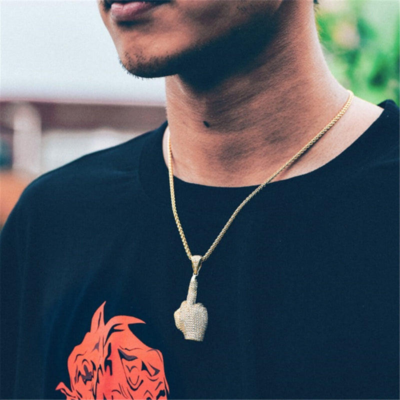 14K Gold Iced Out Middle Finger Necklace - Men's Jewelry - APORRO