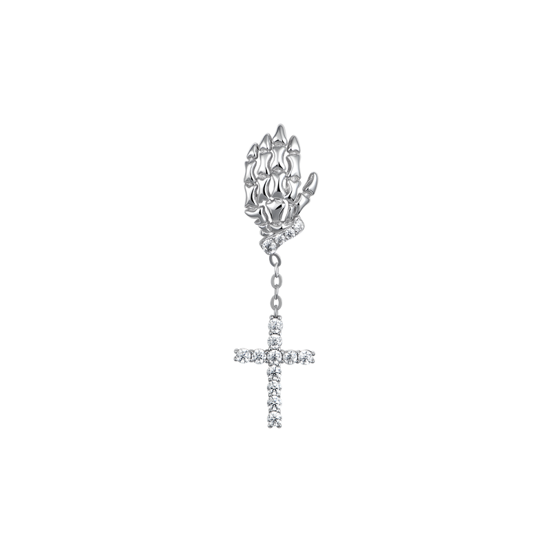 Cross Skeleton Hand Earring - Men's dangly silver earring - APORRO