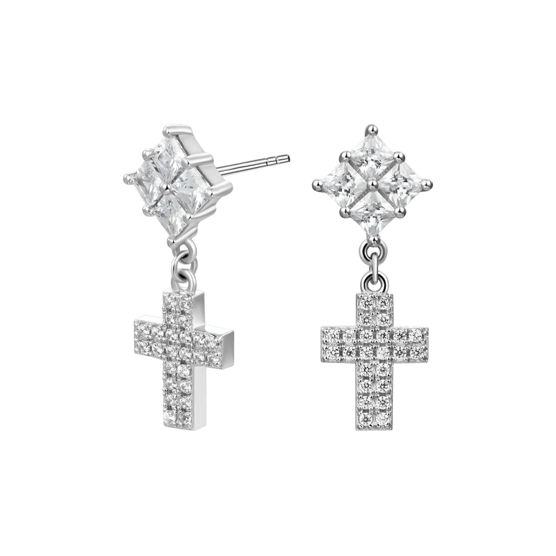 Cross Drop Earring - Men & Women's silver cross drop earring - APORRO