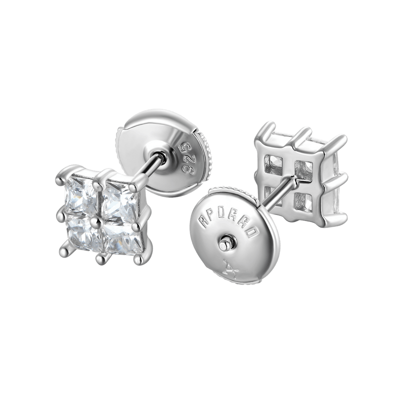 Princess Cut Quad Stud Earrings - Men & Women's silver stud earring - APORRO