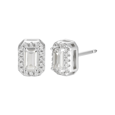 S925 Emerald Cut Halo Stud Earring