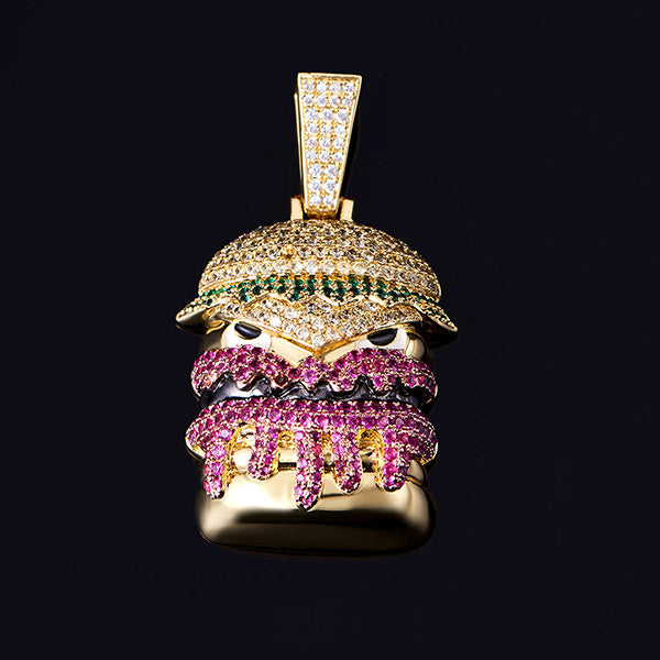 14K Gold Iced Out Hamburger Monster Pendant - Party Necklace - APORRO
