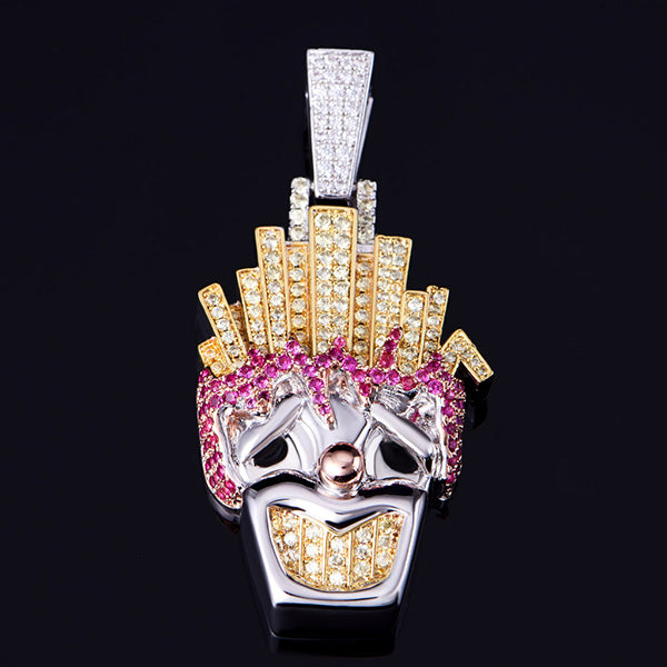 White Gold Iced Out Funny Fries Clown Pendant - Hip Hop Jewelry - APORRO