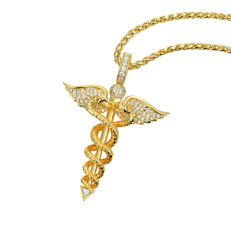 18K Gold/ White Gold Iced Moissanite Staff of Hermes Pendant-Aporro - APORRO