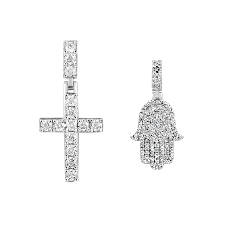 Moissanite Tennis Cross Pendant + Double-Layered Hamsa Pendant - APORRO