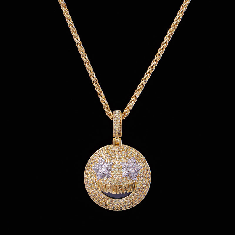 14K Gold Grinning Face with Star Eyes Emoji Jewelry, iPhone X Emoji Necklace, Men's Pendants - Aporro Brand - APORRO