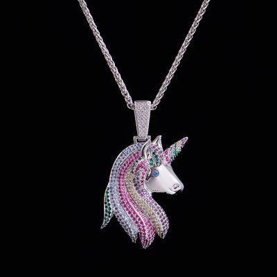 Iced Multi-color Lucky Unicorn Pendant [Only Ship to the US]