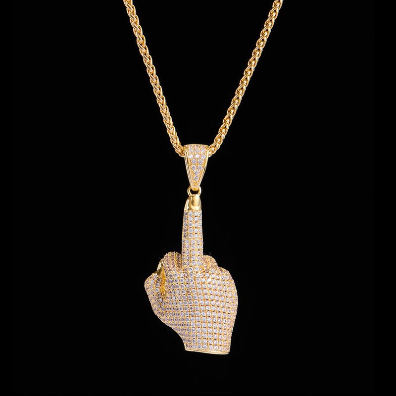 14K Gold Iced Out Middle Finger Necklace - Men's Jewelry - APORRO