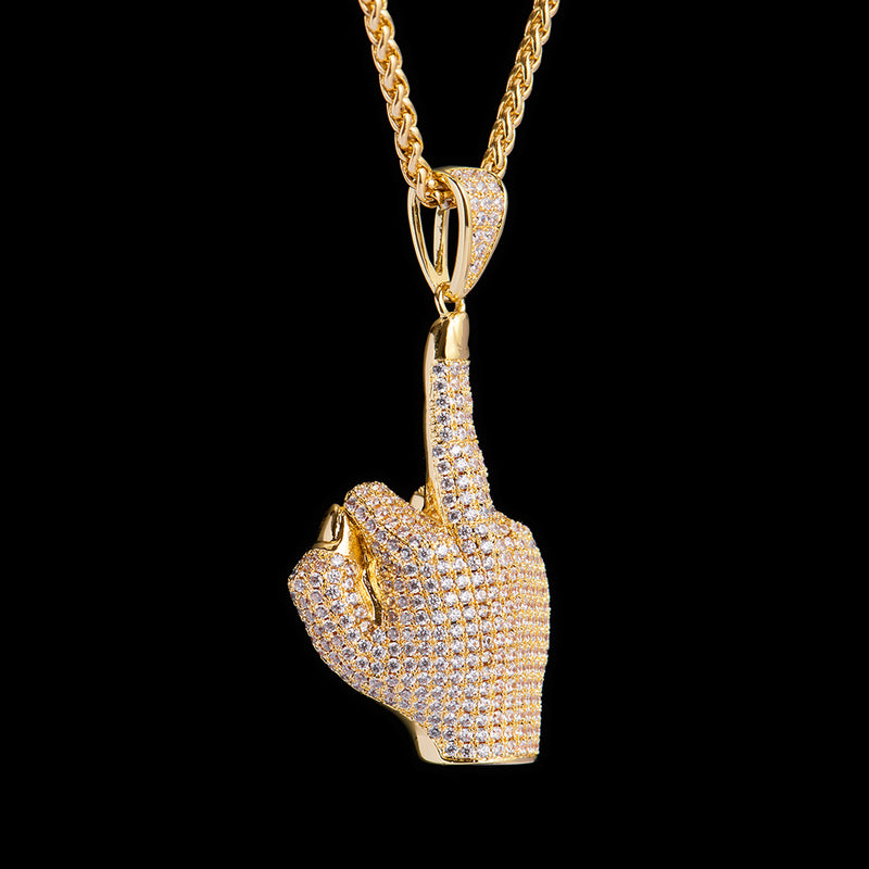 14K Gold Iced Out Middle Finger Necklace - Men's Jewelry - APORRO