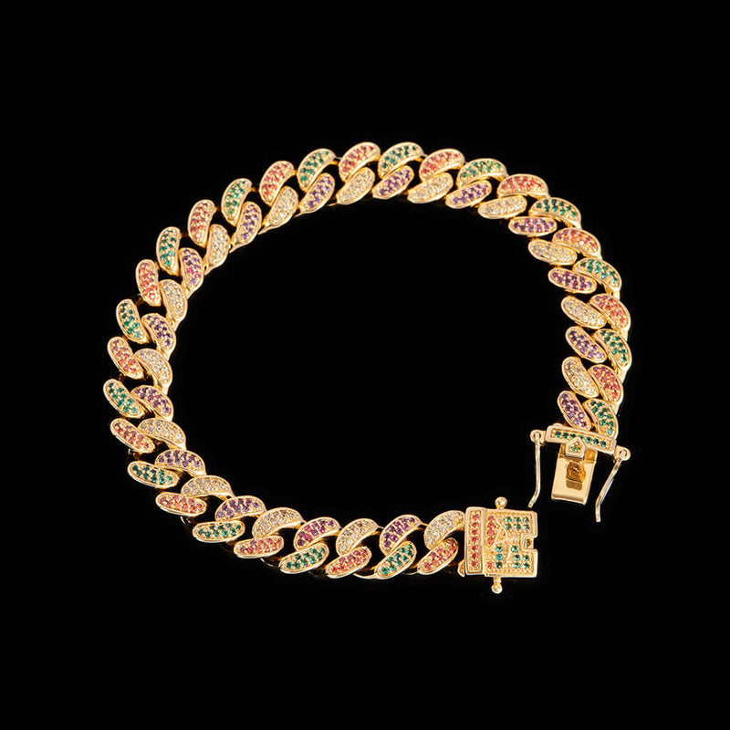 10mm Multi-Colored Iced Out Cuban Link Bracelet with Green Stones - Urban Jewelry - Aporro Brand - APORRO
