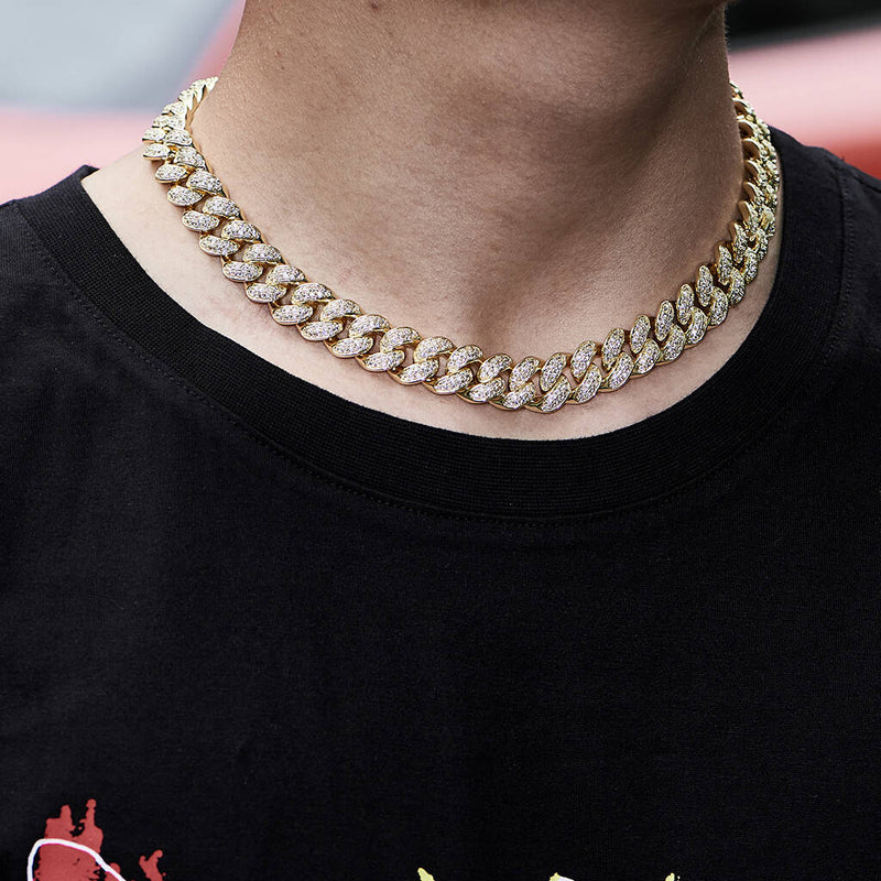 12mm 14K Gold Iced Out Cuban Link Choker Chain - Streetwear - APORRO